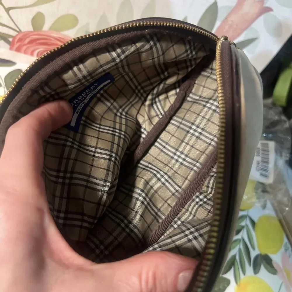 VINTAGE Burberry BLUE LABEL Makeup Cosmetic Bag bag Brown Beige Checkered Inside